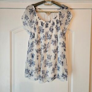 Giusy 100% Silk Floral Smocked Blouse Top Blue White Size Small Cottagecore Euro
